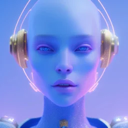 A portrait of a crystalised blue pink extraterrestrial, gold, sunny background, atmospheric, realistic, unreal engine, 8k. Cinematic lighting, octane render.