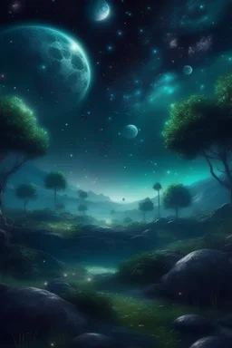 70. Fabulous landscape forest, night, on the background of outer space, planets, stars, hyperdetalization, mysticism, illumination, fantasy, gloomy atmosphere, clear drawing of details, hyper realistic, beautiful, lumen, professional photo, beautiful, 5d, realistic, 64k, high resolution, high detail, cgi, hyperrealism,f/16, 1/300s. highly detailed digital painting, realistic.