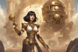 a slim, pale-skinned, slim Cleopatra, with a bob hairstyle, in a steampunk setting, gold boots, in a fighting stance