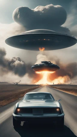 The image shows a photograph with a science fiction theme. Reflected in a side-view mirror, we see a car with passengers, driving on a desolate road. In the background, a large UFO hovers in the sky while multiple explosions erupt in the distance, sending up clouds of smoke and fire. The mirror's border frames this chaotic scene, juxtaposing a calm, seemingly oblivious drive with the dramatic events unfolding behind.