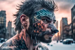 double exposure, Wolf Man, man, city, sunset, snow, rain, fantasy, mystical, tattoo, vertical pupils, high detail, high resolution, 8K