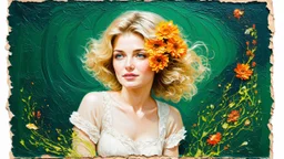 dark green background, abstract art complementary colours fine details , old torn worn paper, peeling, high grain, portrait of blonde woman , flowers in hair, acrylic, alcohol ink, fine drawing, A blonde woman in her 40s, with flowers woven into her loose, curly hair, sits in a whimsical, fairy-tale setting, surrounded by delicate swirling patterns reminiscent of the textures of old torn paper, in a vibrant, abstract style combining acrylic and alcohol ink techniques, with fine detailing that hi