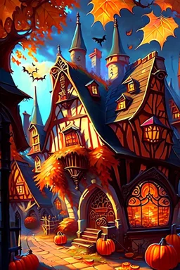 Fantasy village with tudor style architecture and stained glass window houses. The season is autumn and there are some pumpkins fantasy rpg art painterly