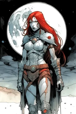 female with long red hair, wearing metal armor, whole body. A soft-focus image of the silver moonrise casting a cool glow, create in inkwash and watercolor, in the comic book art style of Mike Mignola, Bill Sienkiewicz and Jean Giraud Moebius, highly detailed, gritty textures,