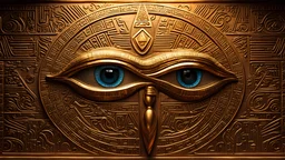 Egyptian motif, A metallic bas relief of the Eye of Horus on a wall surrounded by hieroglyphics well lit cinematic bright incandescent lighting