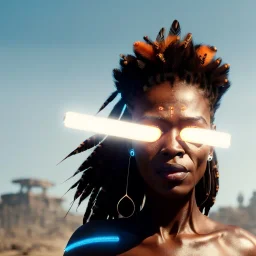 A beautiful portrait of a cyberpunk cyborg black tribal woman with lot's of grain on her skin and big tribal tatoos all over the skin, blue eyes, with natural hair floating in the wind cyborg smiling facing camera orange color scheme, high key lighting, volumetric light high details with white stripes and feathers unreal 5, octane render, cinema4d, dynamic lighting, dramatic lighting, 4k, redshift render, highly detailed, hyper realistic