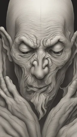 𝙋𝙧𝙤𝙢𝙥𝙩 highly detailed graphite illustration, A surreal witch figure with exaggerated anatomical features, heavily wrinkled skin, and an intense, contemplative expression. bald head, thick eyebrows, long beard merge into swirling abstract shapes. Large, expressive hands, one covering the mouth and the other gripping the forehead tensely. Mysterious, introspective, dreamlike, somewhat dark fantasy. #𝙙𝙧𝙚art #prompt