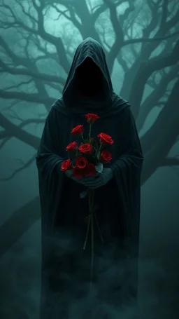 In a mesmerizing and ethereal manner, an otherworldly being emerges in the form of a translucent black hood statue flowing smoky black robes. He is holding a bouquet of red roses, in a foggy dark environment, Forward facing a big tree in the background