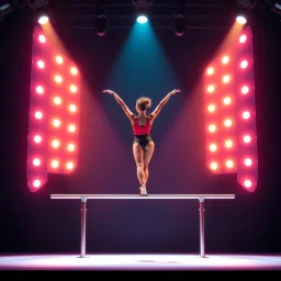 a picture of a gymnast lady show her performance on gymnastic parallel bar in a modern stage made of 3d geometric recursive structures and dynamic color lights