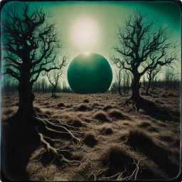 Close-up polaroid of a creepy surreal landscape, monsters, eerie, Max Ernst style, very surreal, trees, spooky, metaphysical objects, giant sun, intricate, thoughtful, appalling, deep 3d field, 8k, hypermaximalist