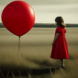 A girl talking to à red balloon, in a field