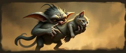 air brush 3d with pen outline, mongrel goblin gremlin holding big cute cat monster with blurred shadow outline, charcoal fog border