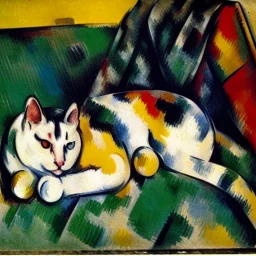 oil portrait of tricolor pattern Cat sleeping in a sofa by Paul Cézanne 8k