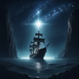 A ship under a shining star at the middle of abyss
