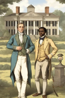 Illustrate a grand plantation setting in the 1800s, with Isaac Franklin and John Armfield as wealthy slave owners. Highlight their opulent lifestyle and the beginning of their partnership.