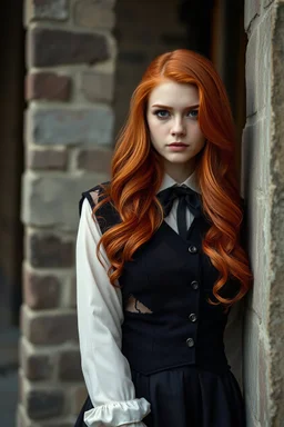 Young red haired woman, in fashioned clothes, need to bee beautiful like an adult woman, with a charming and intimidating glare