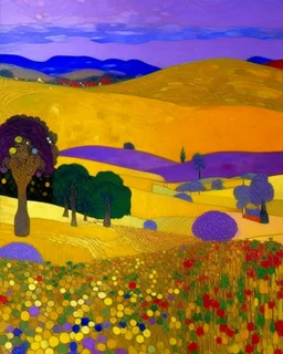 A violet desert near an oasis painted by Gustav Klimt