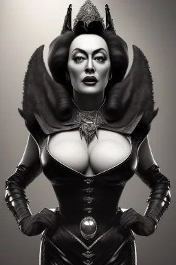 Joan Crawford as evil queen in black leather, busty, cleavage, dominatrix, curvy, angry, stern look. unreal 5, octane render, cinema4d, dynamic lighting, dramatic lighting, 4k, redshift render, highly detailed, hyper realistic,anthropomorphic black wolf long