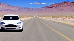 A Tesla's 'Model S Plaid' is racing at top speed, by the 'Lake Mead', in Nevada. CINEMATIC. WIDE ANGLE LENS.