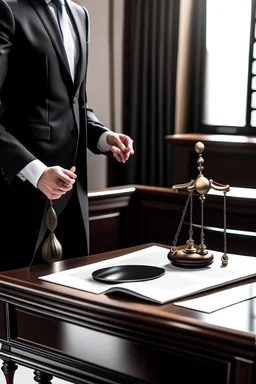 The scales of justice are placed on a desk and a person wearing a formal suit greets a person wearing a formal suit