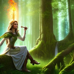 romantic fantasy spray painting, closeup of cute smiling green eyed arab robed elven princess bride ,sitting on a branch, loosing torch in magical forest by waterfall