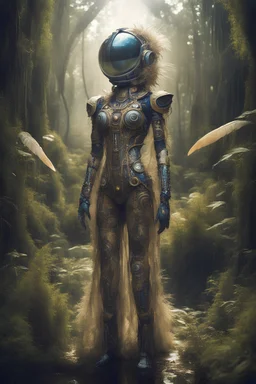 Mind Bending Shot.Sideway Glance Pose.Wide Angle Shot,High Detail RAW, nano robot femaleAstronaut adorned in shamanic regalia with Gustav Klimt dress, Large bustier ,underwire., slender Body.feathers intricately woven into the suit's fabric, ethereal glow emanating from the visor, standing on an alien swamp landscape, otherworldly flora at his feet,Barefeet ,Real Life Motion. Urban . Ultra High Definition. HDR