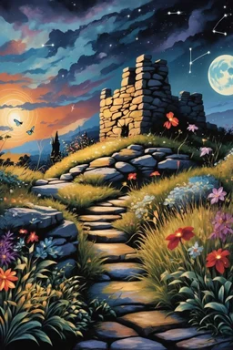 A close-up image of a rough stone wall with overgrown grasses, weeds, and vibrant flowers, featuring whimsical and surreal art, dark fantasy themes, dramatic lighting effects, intricate details, dreamy landscapes, gothic aesthetics, an ethereal atmosphere, and magical scenes with a moonlit sky with stars and constellations, a faint glow emanating from the cracks in the wall, and fireflies dancing around the glowing cracks.