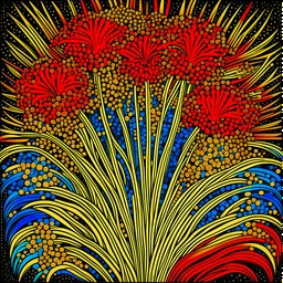 Negativ de Fotografie ,cu expunere ultra lungă)) de înaltă calitate, foarte detaliat, natura statica cu corali si taraxacum oficinale , colorat realizat din dungile curcubeului, ultra luminoase stil gravura pe metal, compozitie stilizata , de cavani