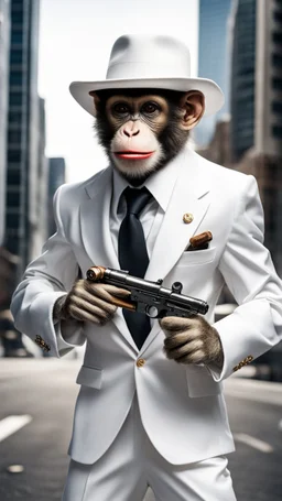 A monkey wearing a white suit with white hat and a cigar in his mouth with a machine gun posing like a gangster in a big city