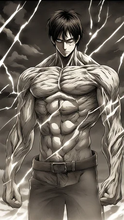 In the heart of the battlefield, Eren Yeager undergoes a profound transformation into his Titan form. The scene is bathed in an otherworldly, powerful light that highlights every intricate detail of his changing anatomy. The transformation is not only physical but also emotional, as Eren grapples with the brutal power surging through him. Describe this awe-inspiring moment with vivid detail, capturing the intensity of the metamorphosis, the emotional turmoil within Eren, and the sheer raw power