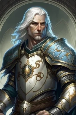 Please create an image for a 30-year old half-aasimar male with silver hair and blue eyes. He is a cleric of Selune, whose symbol should be placed on the cleric's shield, if visible in the image. The cleric should be wearing either medium or heavy armor, and carrying a warhammer or a mace and a shield