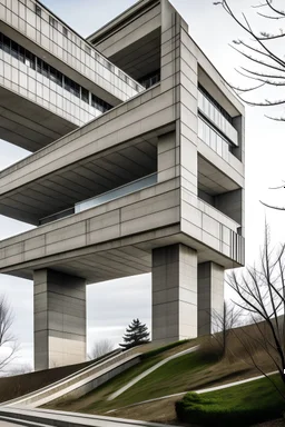 A construction outside with an elongated shape in the style of concrete brutalism