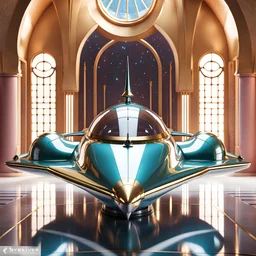 stunning hyper-realistic render of a sleek and elegant Naboo staryacht in sleek chrome with gold trim sitting in ancient jedi temple hangar