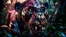 Huge saber-toothed cat with blood-shot eyes in the jungle with an intricately detailed face, long shot, professional photography, a breathtaking background cinematic side light, shot on dslr 64 megapixels sharp focus, canon lens, Hyperrealistic, concept art, 16k resolution