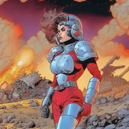 Una mujer luchadora de frente periodista en armadura plateada futurista en un estilo de comic de 1980 en un wasteland en montevideo con un volcan rojo de fondo y pequeños robots