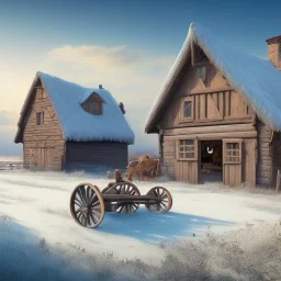 quaint fantasy medieval farming village in frost night with wooden buildings grasslands plains