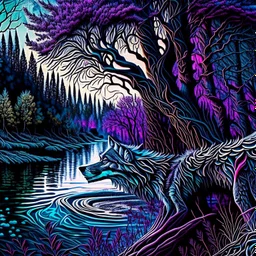 Ink art of a full-fledged flat wolf intricate hyper-detailed hyper-realistic river trees contrasting 4k colors