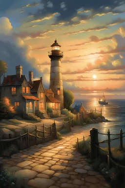 a seaside town at twilight. Cobblestone streets wind to the shore, lined with cottages. A vintage tram glows warmly, pedestrians stroll, and a lighthouse stands sentinel. Golden clouds dance in the sky. Every brushstroke pulses with life, evoking wonder and enchantment.