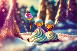 whipped cream peaks in a copper whisk (60% of the picture), cute chibi kids sledding down the peaks, a wire whisk next to the cauldron, raspberry seeds in sunshine, watercolor and black ink outlines, sparkling golden glitter, ethereal, cinematic postprocessing, bokeh, dof