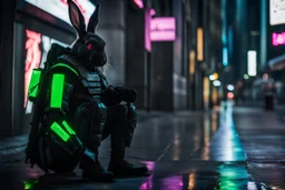 Cyberpunk black rabbit wearing body armor. He is on the neon-soaked sidewalks of the city. Photograph.