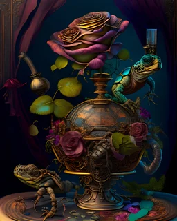 an ultra 8k detailed painting of many different types of surreal roses in a steampunk vase standing on a steampunk table, with a steampunk turtle on the table, by Dali, Rachel Ruysch, generative art, intricate patterns, colorful, photorealistic