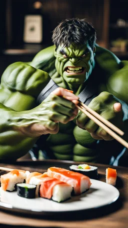 a hulk eating sushi with chopsticks, photo, 8K UHD,
