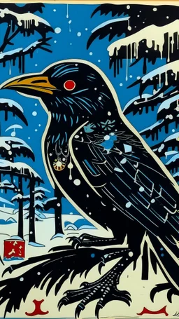 A contemporary serigraphy by Matisse of a human-like and happy crow adorned in a punk leather jacket within a snowy Christmas atmosphere.