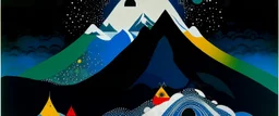 Dark cyan snowy mountain with a racing circuit designed in Javanese shadow puppets painted by Wassily Kandinsky