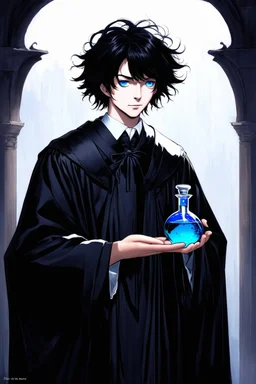 black hair, blue eyes,19year old, male, wearing black robes, alchemist, holding a flask full of blue liquid, in the style of Harry Clarke