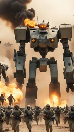 A front view of War of showing thousands of Arabic solders are running away from a distance toward the camera with scary faces and fear from one big giant robot behind them, in the background fires and dead’s and big fights on the ground