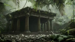 A huge loudspeakersystem beneath a temple in the rainforest