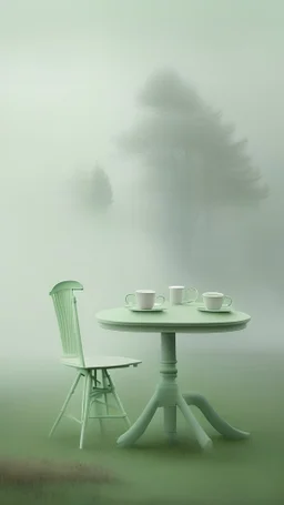 photoreal of desgin chair and a table in a misty green plain