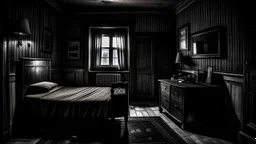 The seedy boarding house is bathed in a stark, high-contrast film noir lighting style reminiscent of classic Hollywood cinema, each cot containing a distinct character with 1930s inspired attire, cluttered room with vintage wallpaper peeling off the walls, shadows dancing dramatically across the worn wooden floorboards, creating a sense of intrigue and mystery