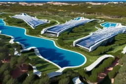 Sunset algarve in quinta do lago, a futuristic straight line luxury villa apartments with 250 meters long and a pool, overhang straight line terraces with black metallic beams and wood pergolas, with a separate clubhouse building facility with green roofs, overlooking the campus sport facility and inserted in the Ria Formosa Natural park, on a slope with pinus pinea, a wrap around low speed veicular road